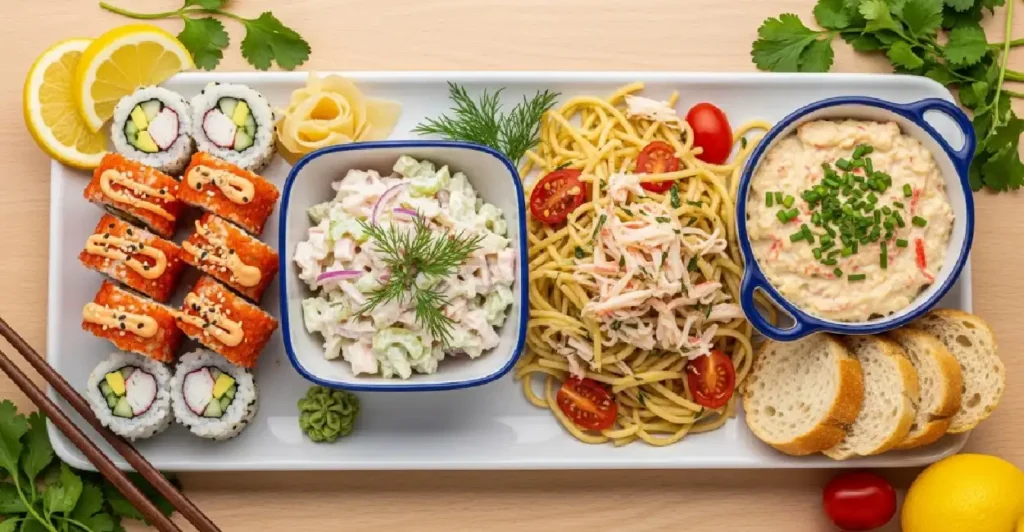 Colorful assortment of imitation crab dishes including sushi, salad, pasta, and cheesy crab dip.