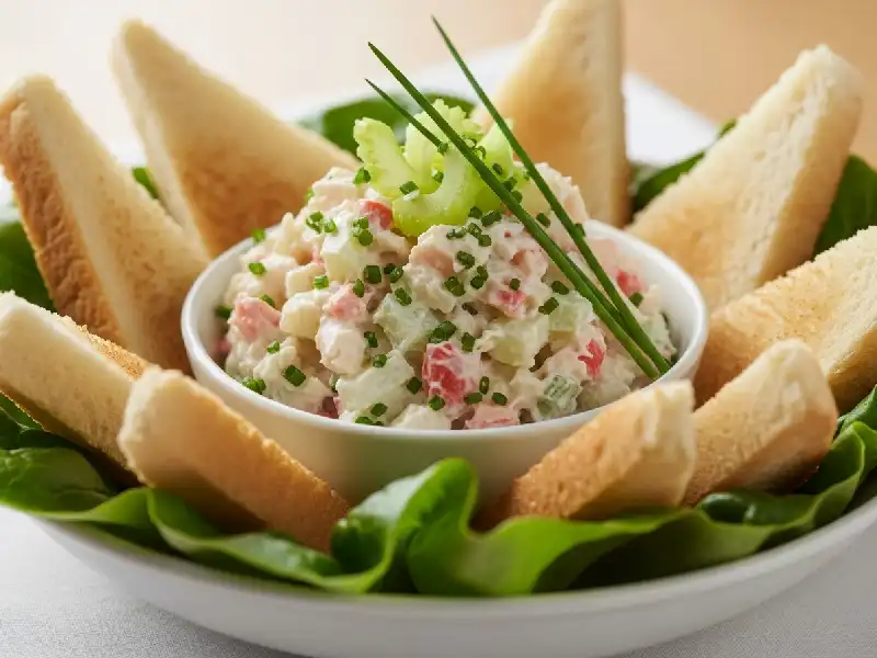 Creamy imitation crab salad with celery and chives served in lettuce cups.