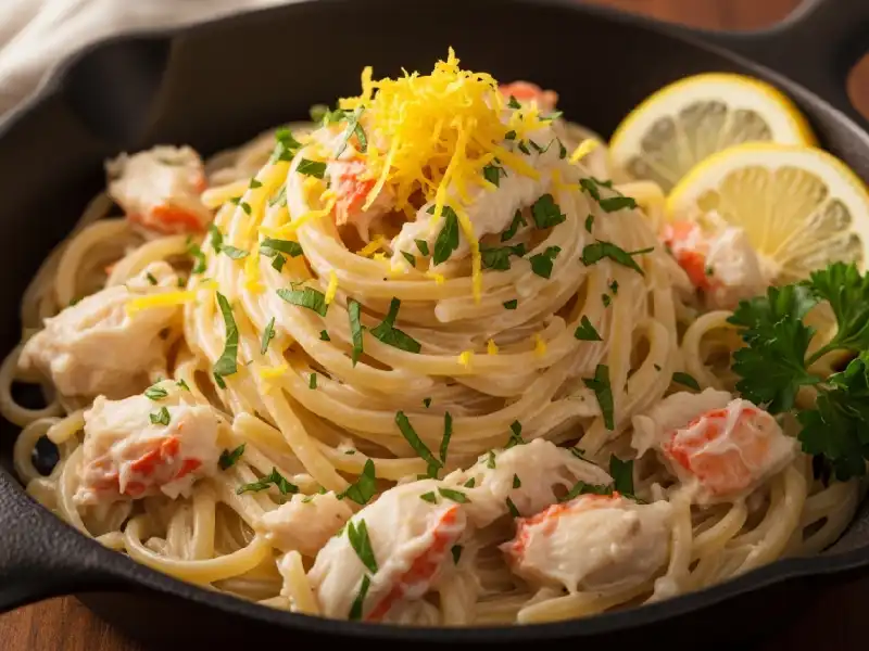 Creamy imitation crab pasta with lemon zest and parsley.
