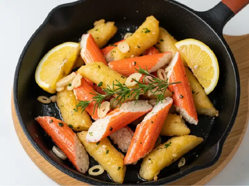 Garlic-butter imitation crab skillet with fresh herbs and lemon.