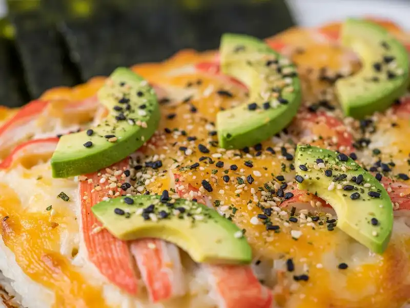 Hot and bubbly spicy imitation crab sushi bake topped with furikake and avocado.