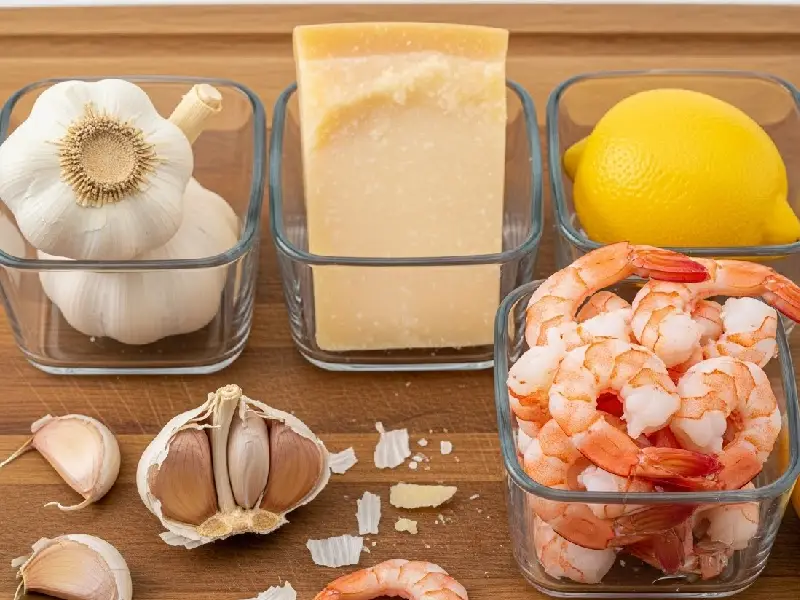 Fresh garlic, a block of parmesan cheese, lemons, and raw shrimp on a wooden cutting board.