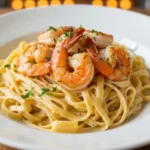 A white bowl filled with fettuccine and creamy sauce topped with seared shrimp and fresh parsley. Garlic Shrimp Pasta