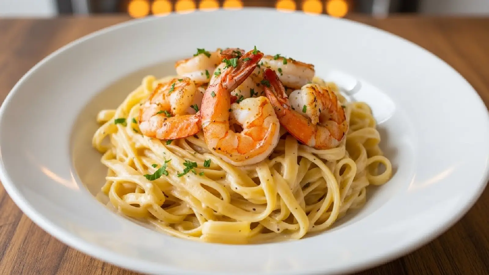 A white bowl filled with fettuccine and creamy sauce topped with seared shrimp and fresh parsley. Garlic Shrimp Pasta