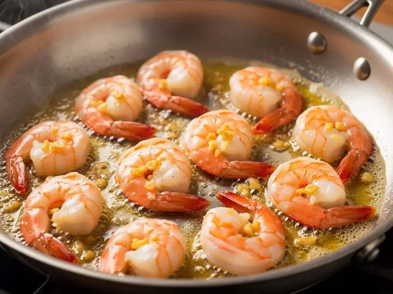 Pink shrimp cooking in a stainless steel skillet with butter and garlic.