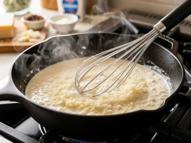 A whisk stirring heavy cream and parmesan cheese in a skillet.